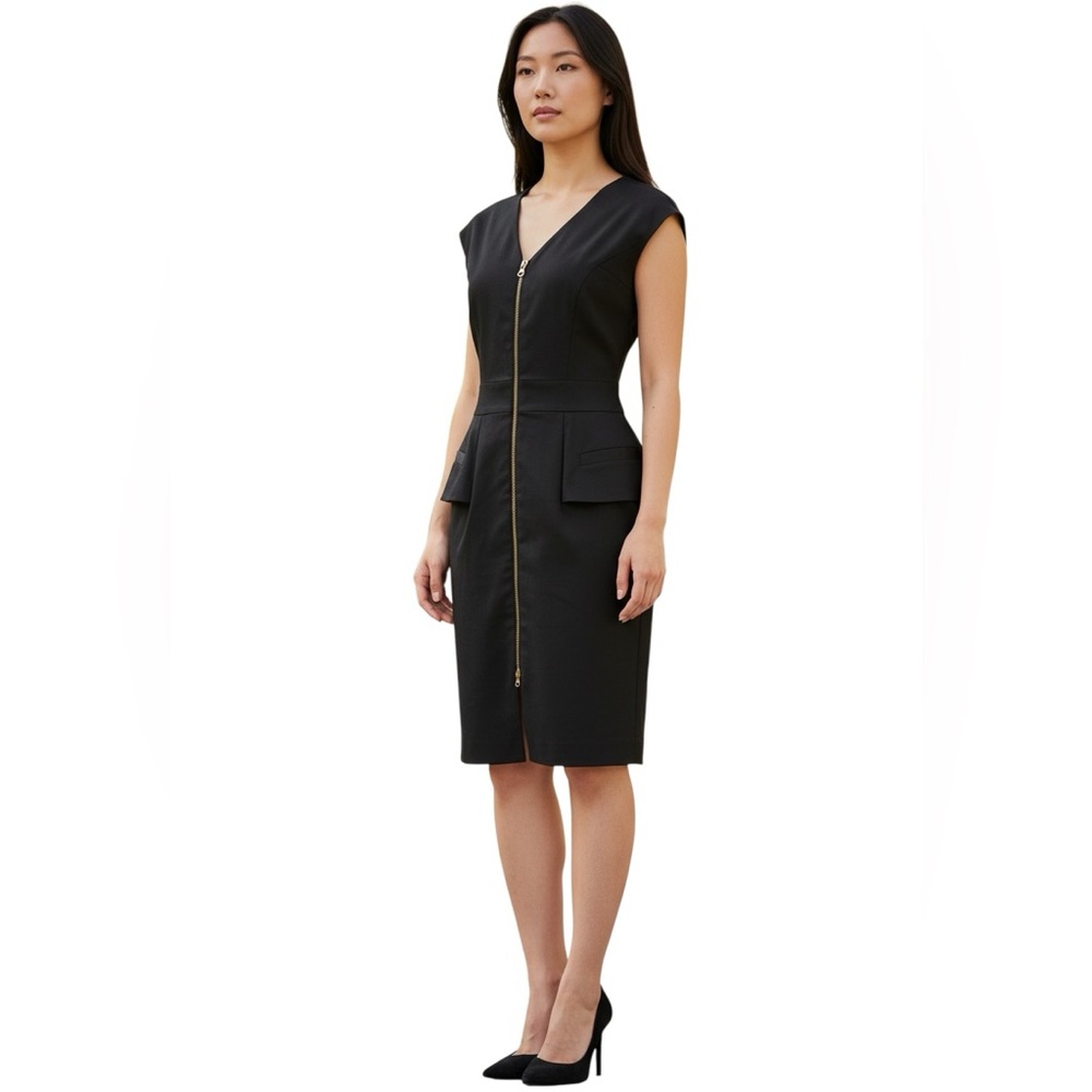 REISS Black Sheath Peplum Midi Dress Cap Sleeve Gold Toned‎ Front Zipper Size 6
